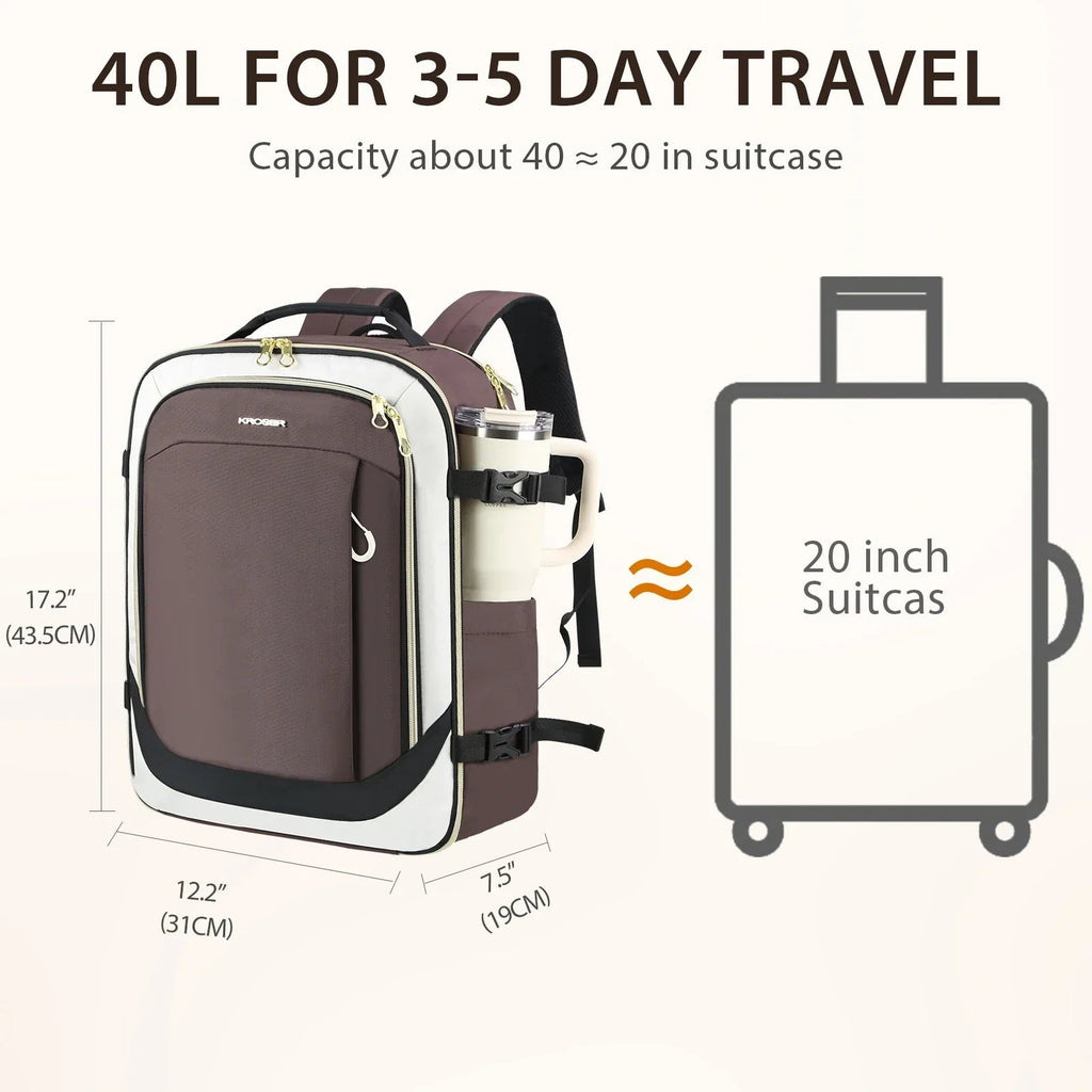 Laptop backpack with front pocket, maroon and white design, compact travel size