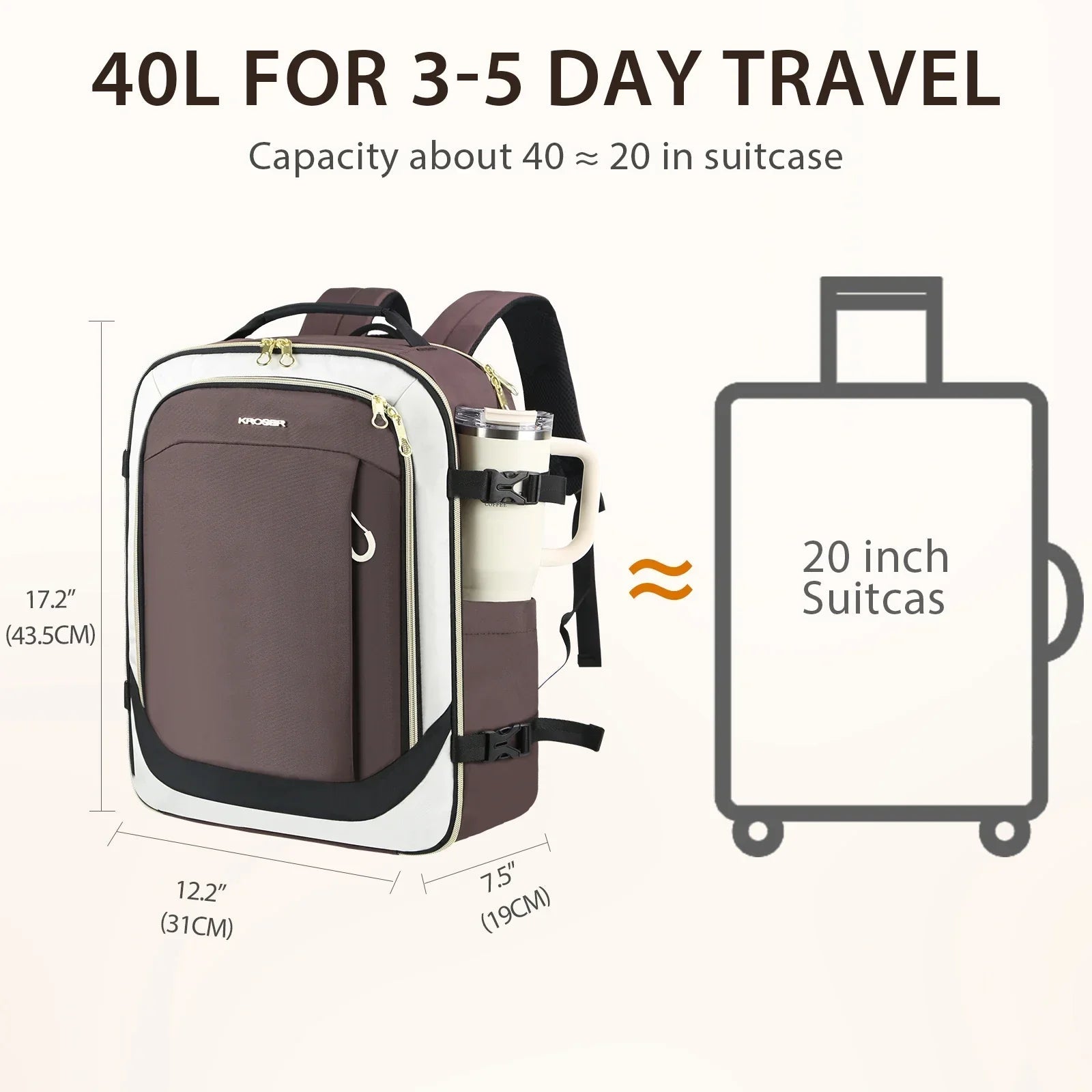 Laptop backpack with front pocket, maroon and white design, compact travel size