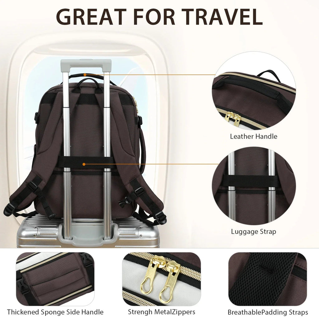 Travel laptop backpack with luggage strap and carry handle, dark brown front and black straps