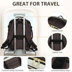Travel laptop backpack with luggage strap and carry handle, dark brown front and black straps