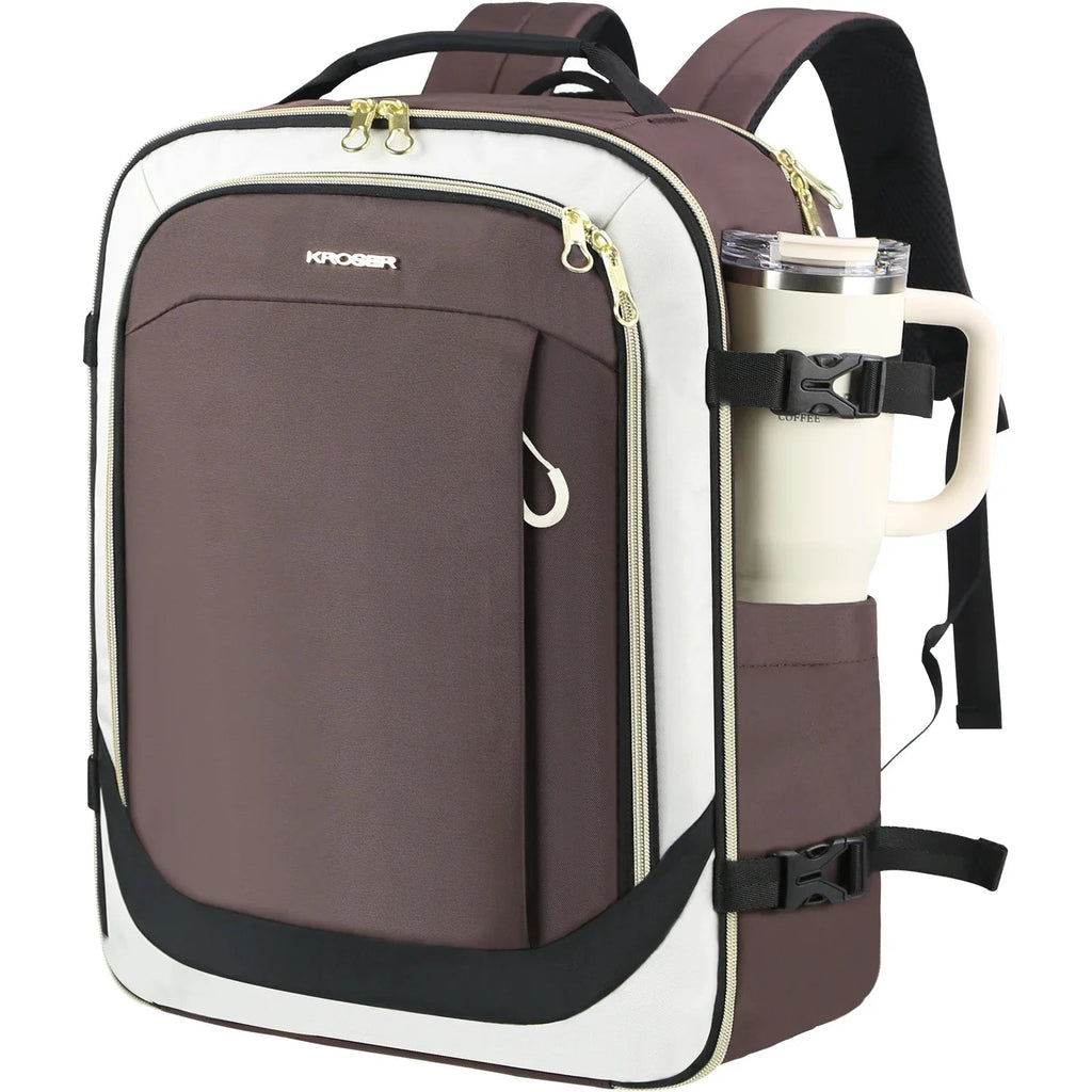 Laptop backpack with front zip pocket, maroon and white panels, top handle and shoulder straps