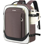 Laptop backpack with front zip pocket, maroon and white panels, top handle and shoulder straps