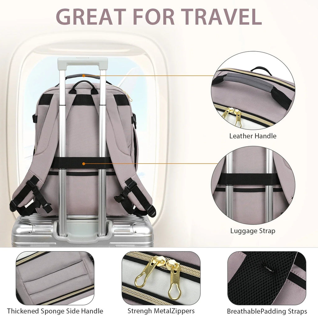 Travel backpack with luggage strap and thick sponge side handle detail, gold zipper accents