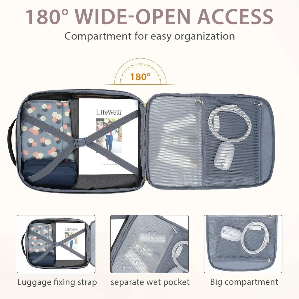 Opened travel backpack with two zip compartments and interior organizers for small items