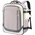 Dusty pink and gray women’s travel laptop backpack with top handle and front zip pocket