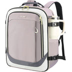 Dusty pink and gray women’s travel laptop backpack with top handle and front zip pocket