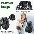 KROSER foldable diaper backpack with changing station, navy floral print, zipper and straps