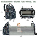 KROSER foldable diaper backpack with changing station, navy floral print, open changing mat