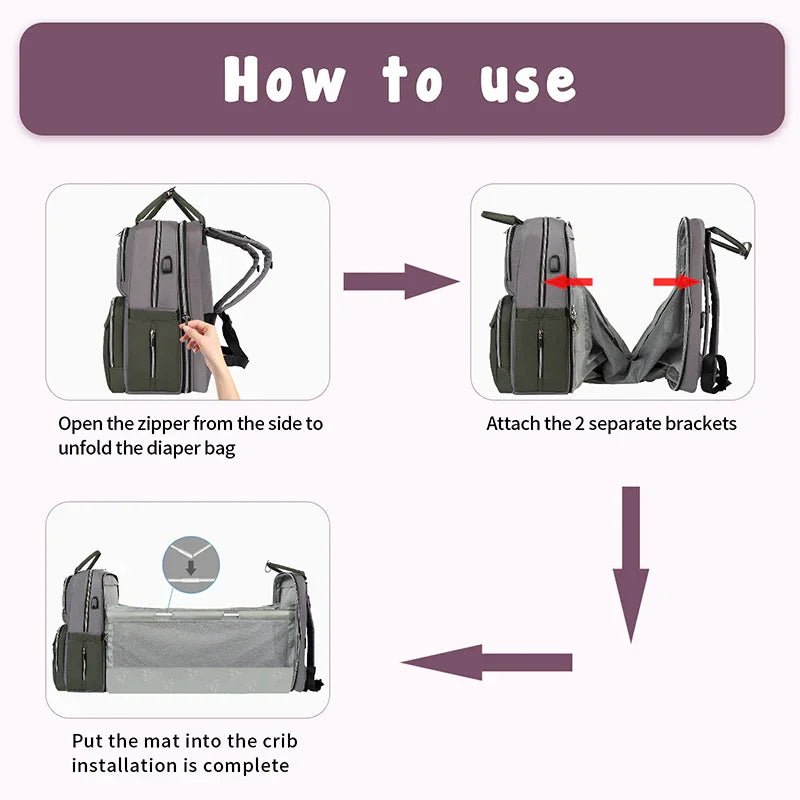 KROSER Light Purple Foldable Diaper Backpack with Changing StationK9381-GREEN/GREY12.6*9*17in