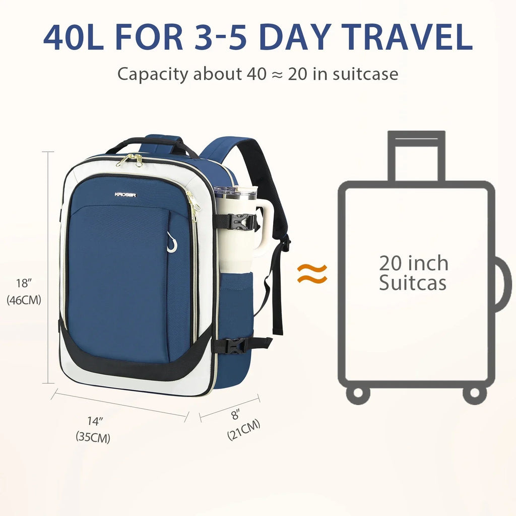 Blue laptop backpack with front panel and travel size dimensions shown