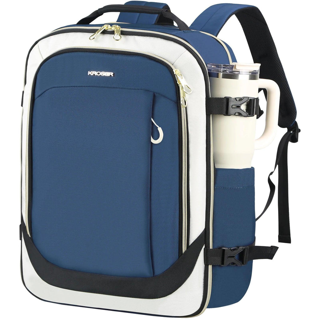Navy and white laptop backpack with front zip pocket and padded shoulder straps
