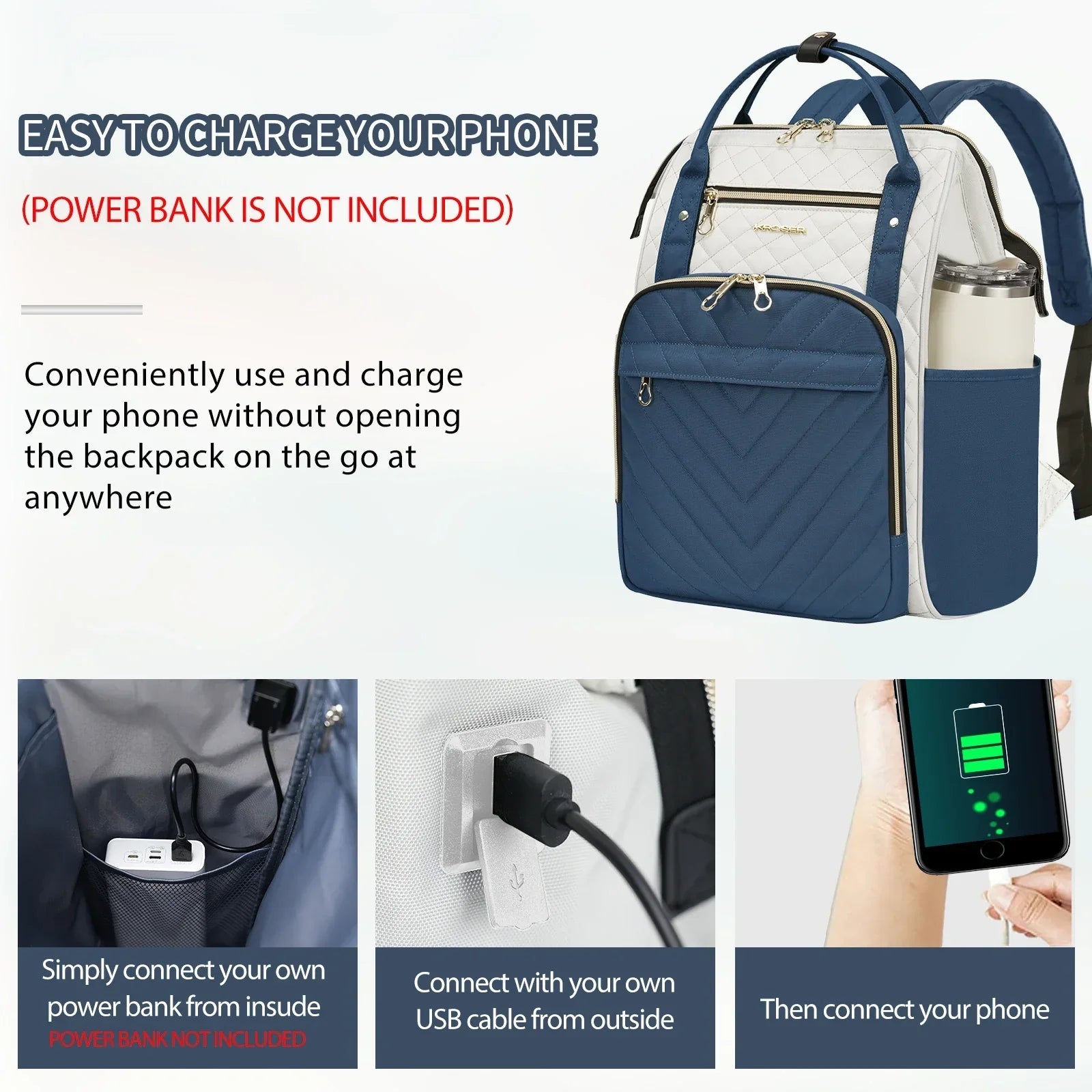 KROSER-KROSER Navy Blue & Ivory 17" Quilted Laptop Backpack-