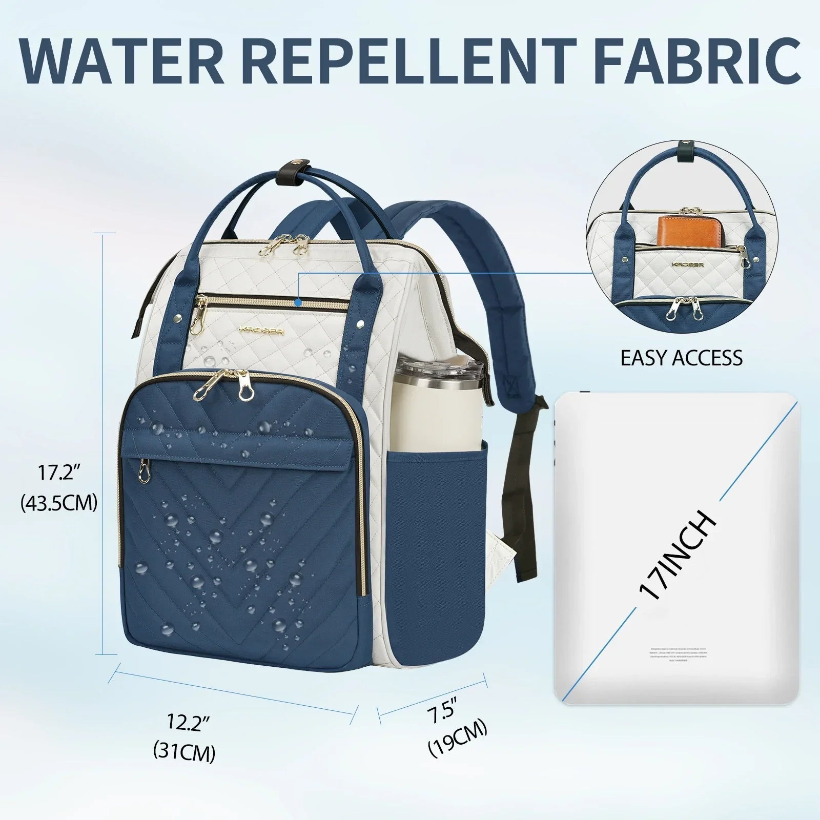 KROSER-KROSER Navy Blue & Ivory 17" Quilted Laptop Backpack-