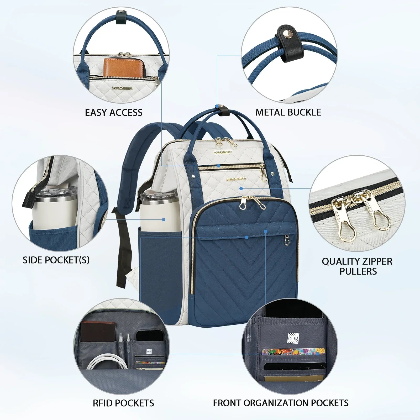 KROSER-KROSER Navy Blue & Ivory 17" Quilted Laptop Backpack-