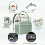 Sage green backpack with side pockets, front organization pockets, metal buckle, RFID pockets.