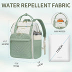 Sage green water-repellent quilted backpack sized for a 17-inch laptop.