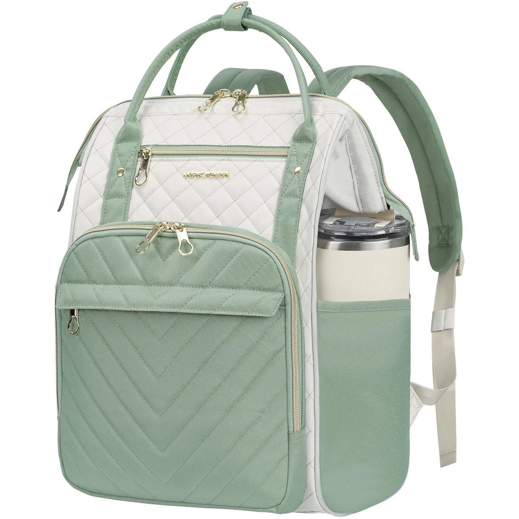 Sage green quilted laptop backpack with front zip pocket and dual top handles.
