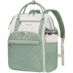 Sage green quilted laptop backpack with front zip pocket and dual top handles.
