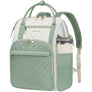 Sage green quilted laptop backpack with front zip pocket and dual top handles.