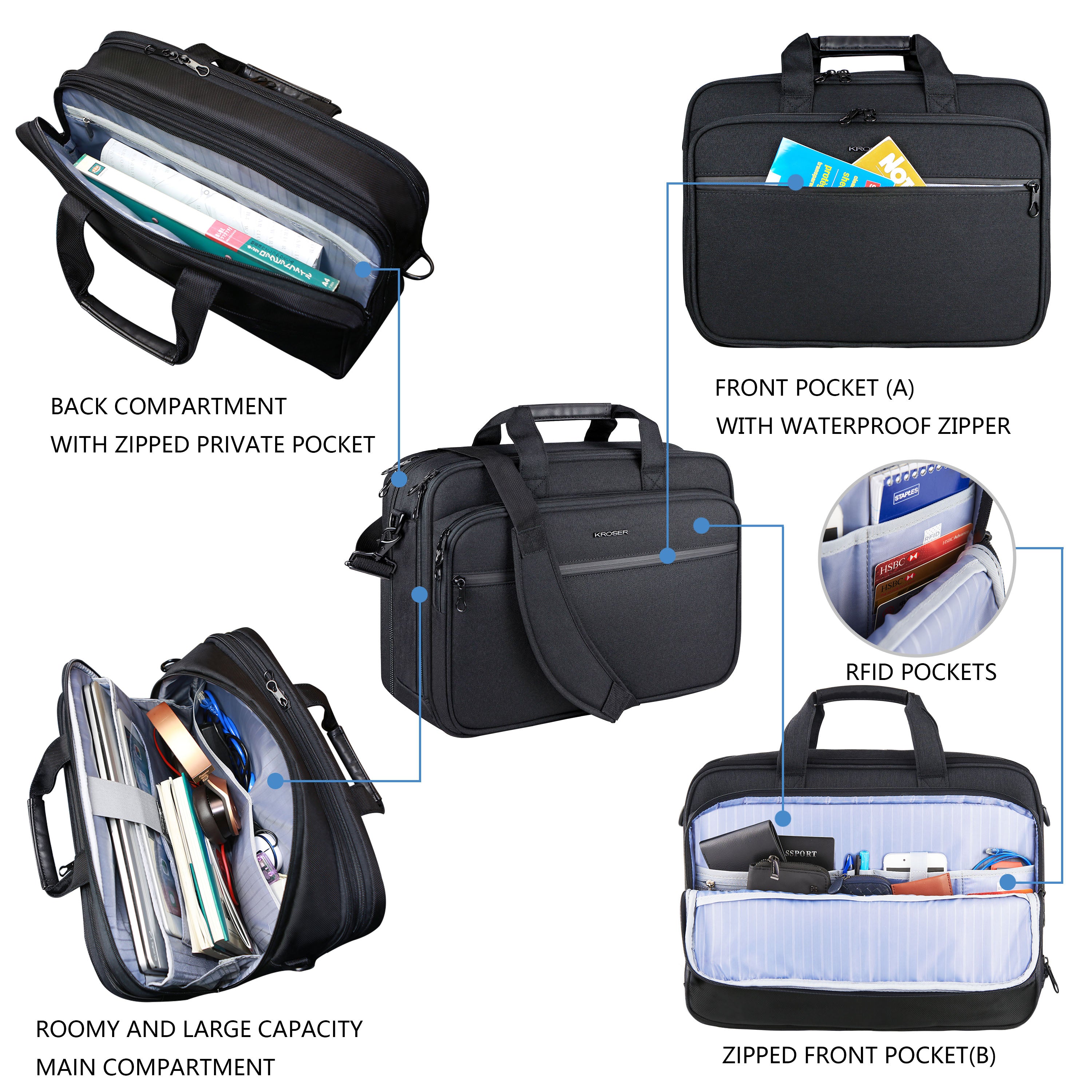 KROSER 17.3" Expandable Laptop Briefcase with RFID