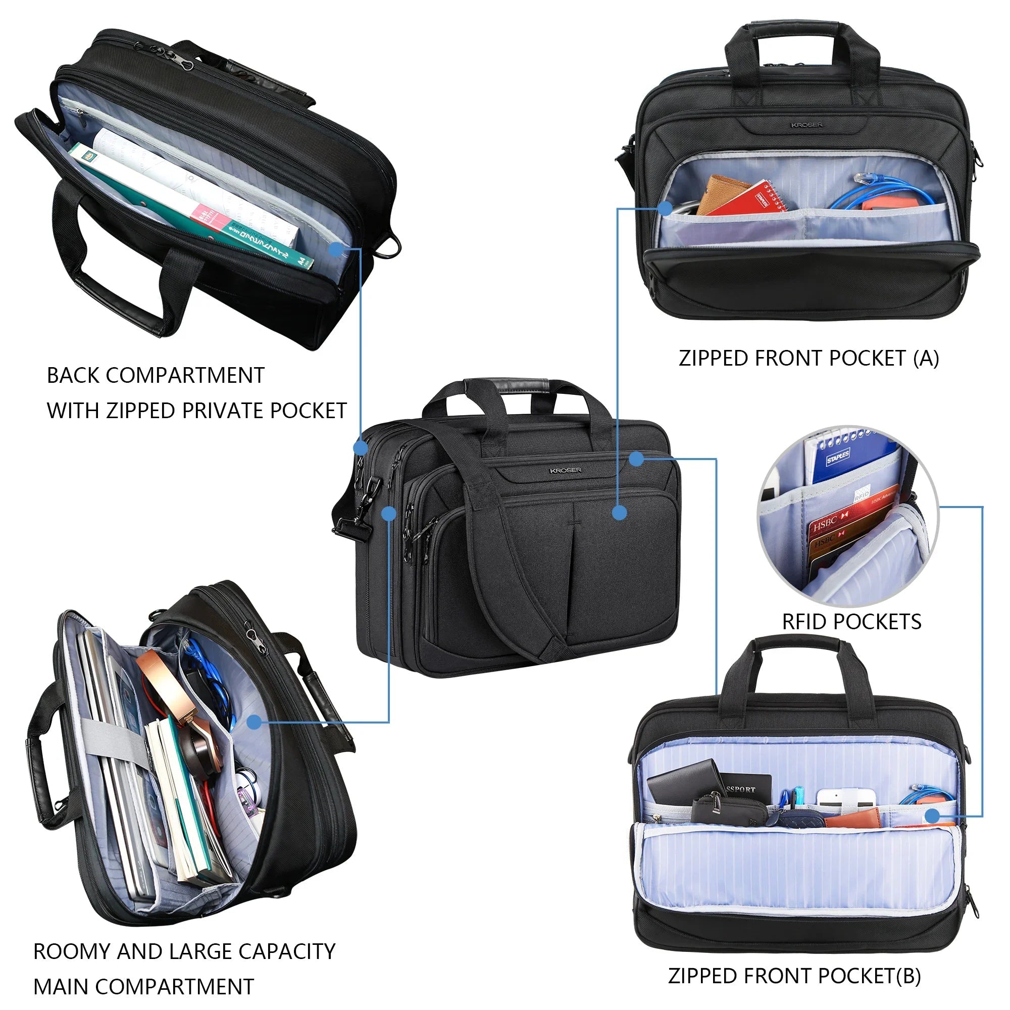 KROSER 17.3" Expandable Laptop Briefcase with RFID - KROSER