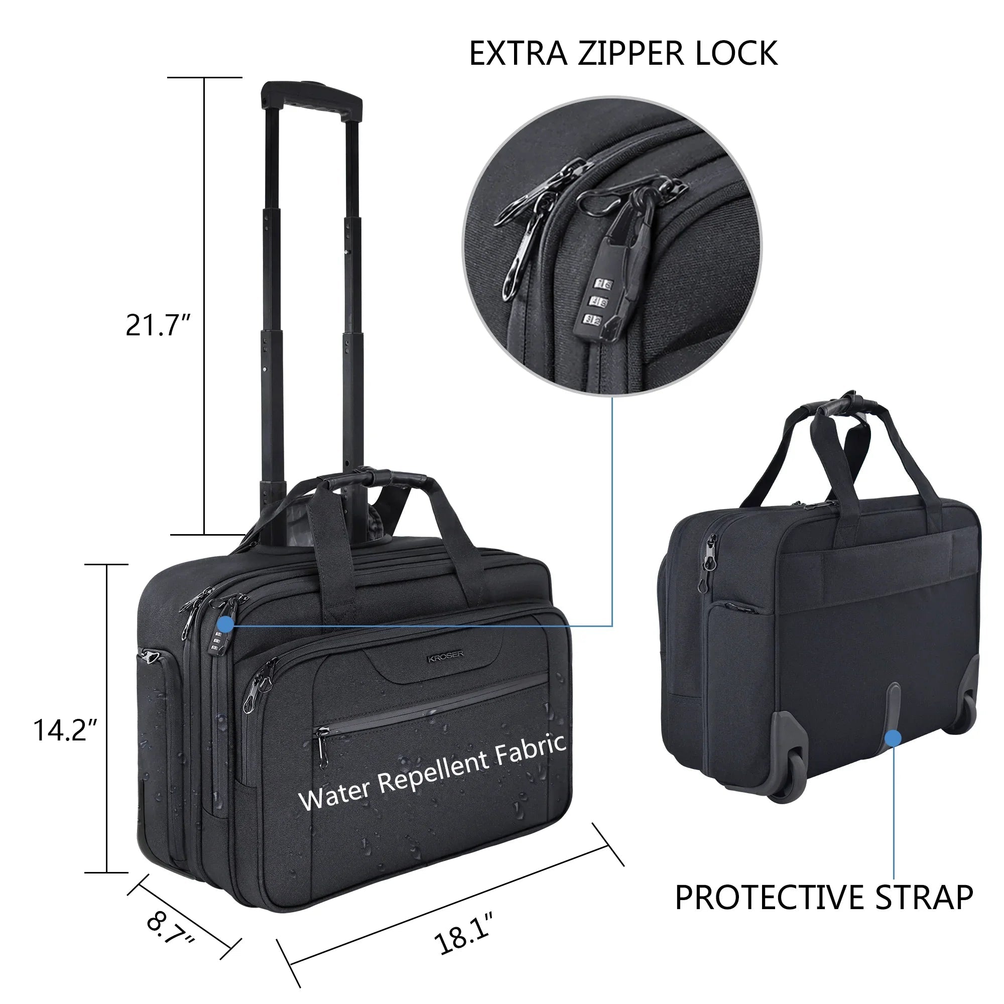 KROSER-KROSER 17.3" Rolling Laptop Bag Briefcase-3